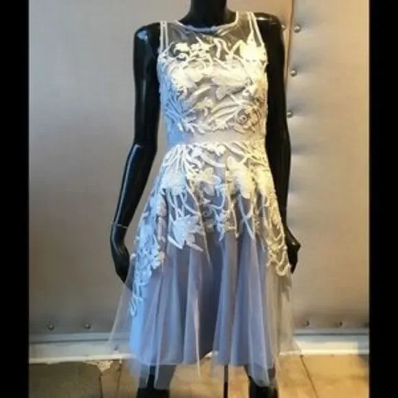 Eva Franco Mesh Overlay Floral Sleeveless Dress Pale Blue - Picture 3 of 4